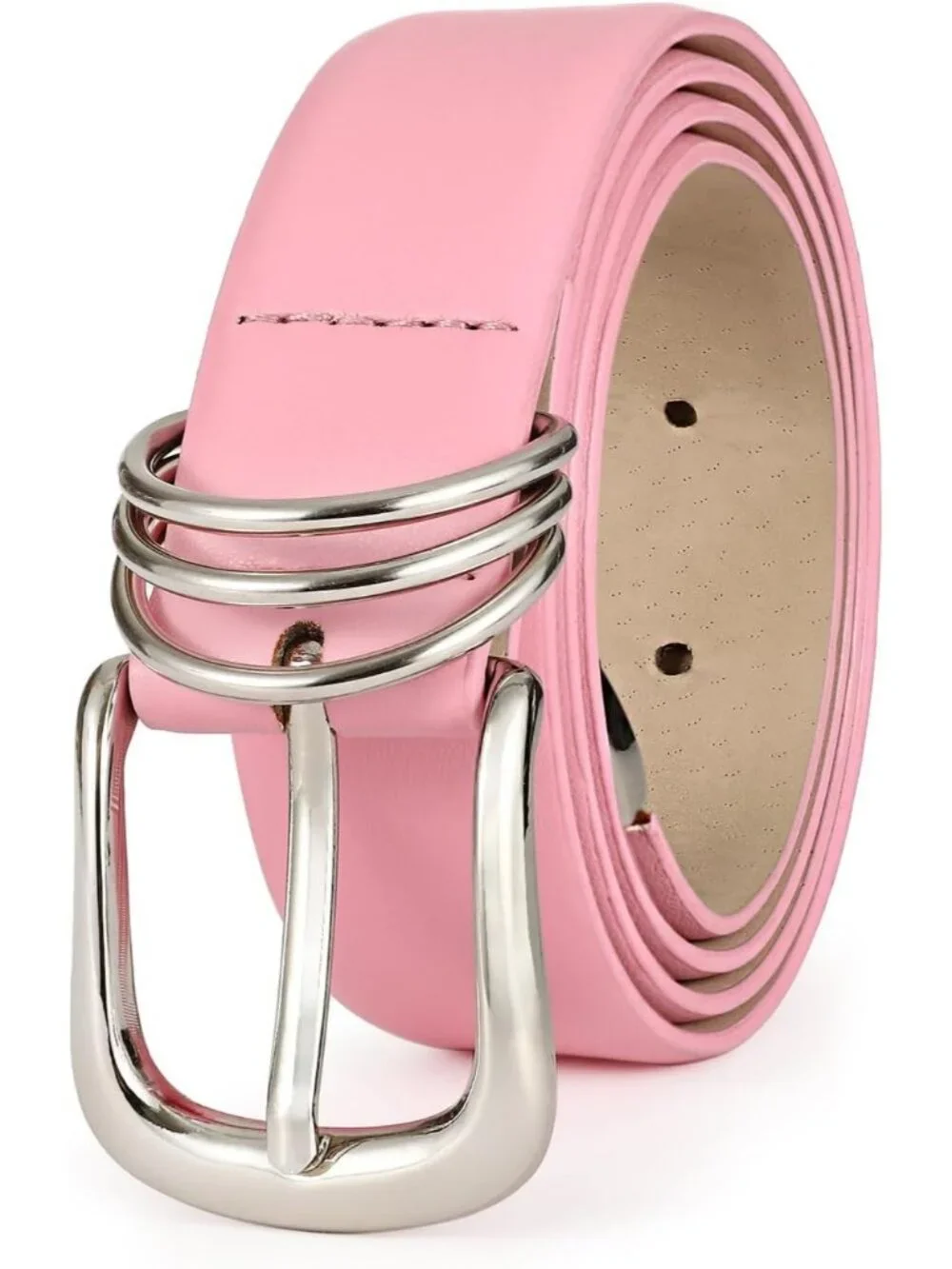 Women Pink Leather Waist Dress Belt For Pants Jeans Fashion With Silver Buckle
